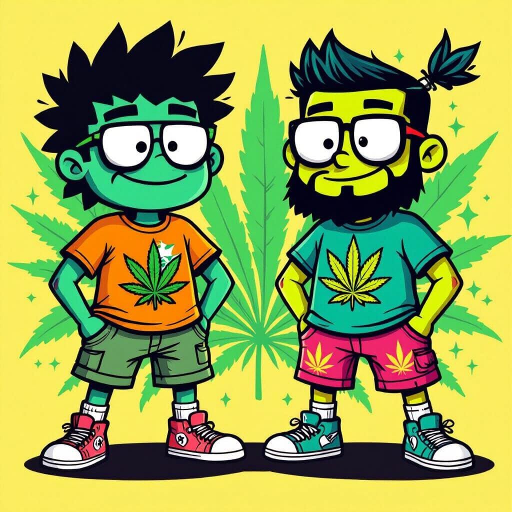 Cartoon Characters in Cannabis Apparel: Dynamic Digital Art