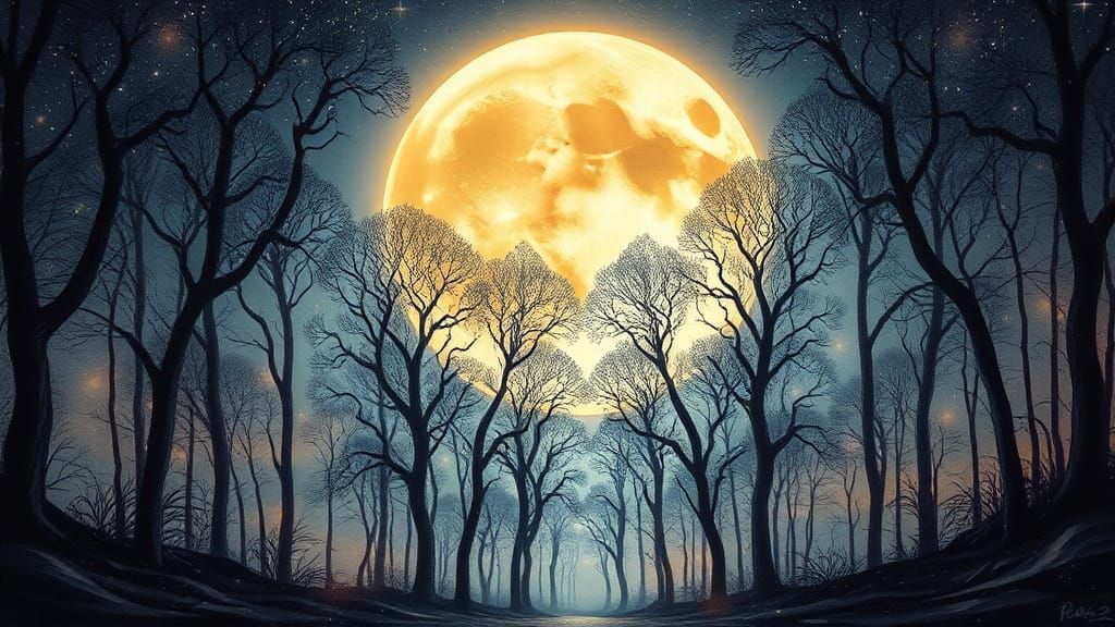 Glowing Moon Behind Arabesque Trees in Galactic Scene