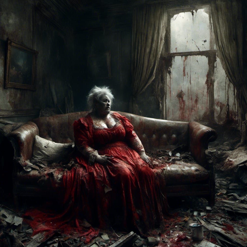 Macabre Concept Art: Overweight Woman in Trash-Filled Room