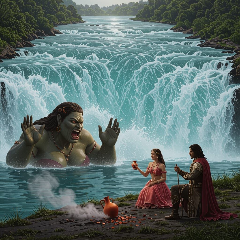 Giant Mother Watches Prince and Coral Girl Across Raging Riv...