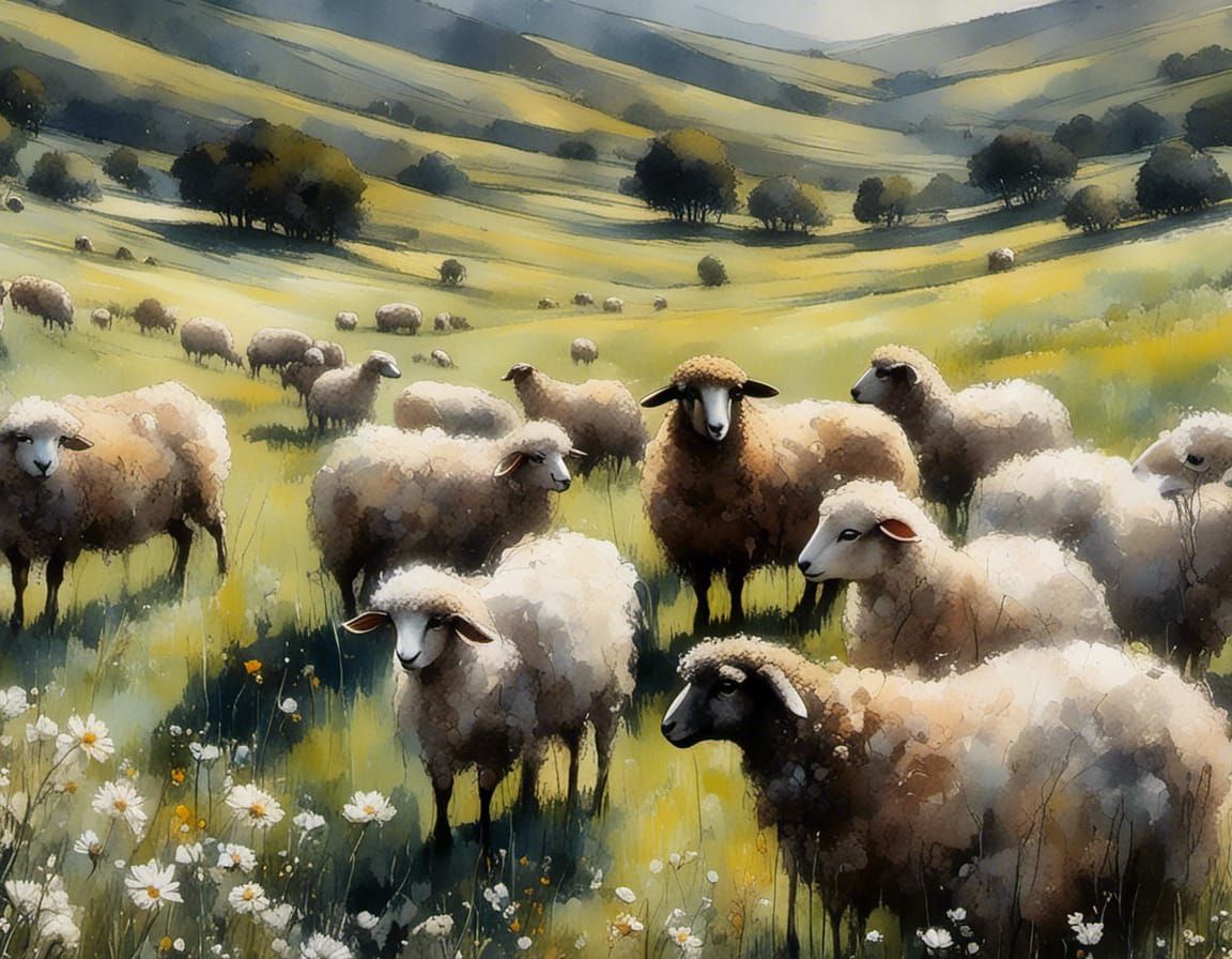 Sheep Grazing: Intricate Matte Oil Painting