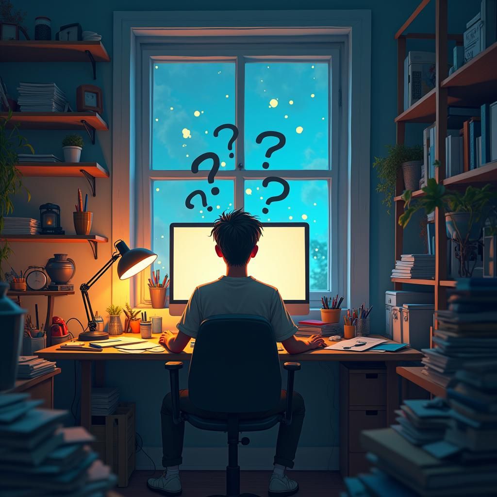 Frustrated Man Contemplates New Project in Digital Art