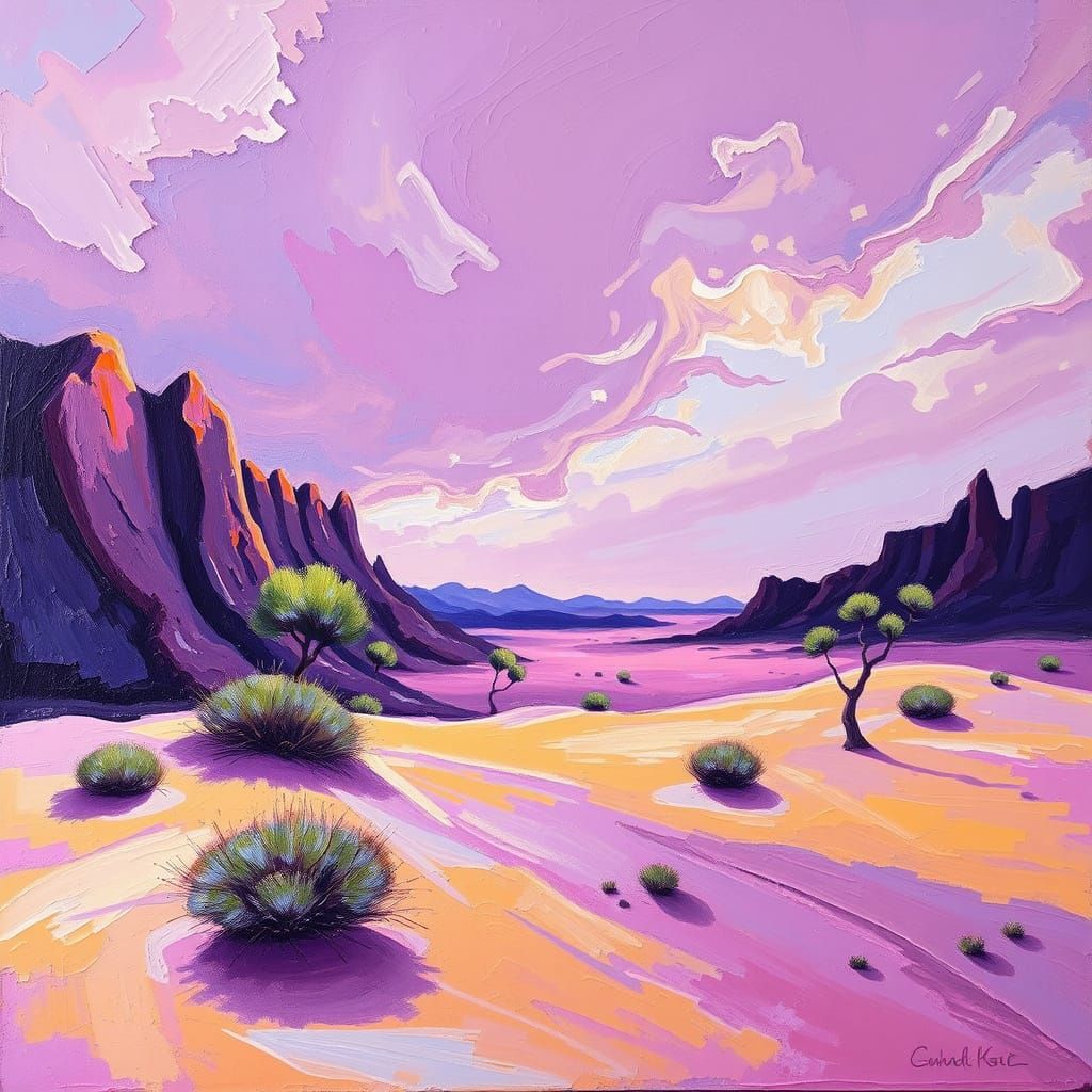 Dreamy Purple Desert Landscape in Neo-Impressionist Style