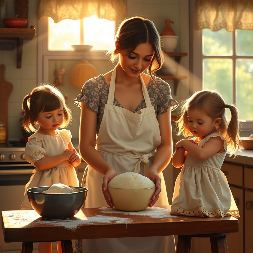 Cozy Mother-Daughter Baking Scene in Warm, Whimsical Style