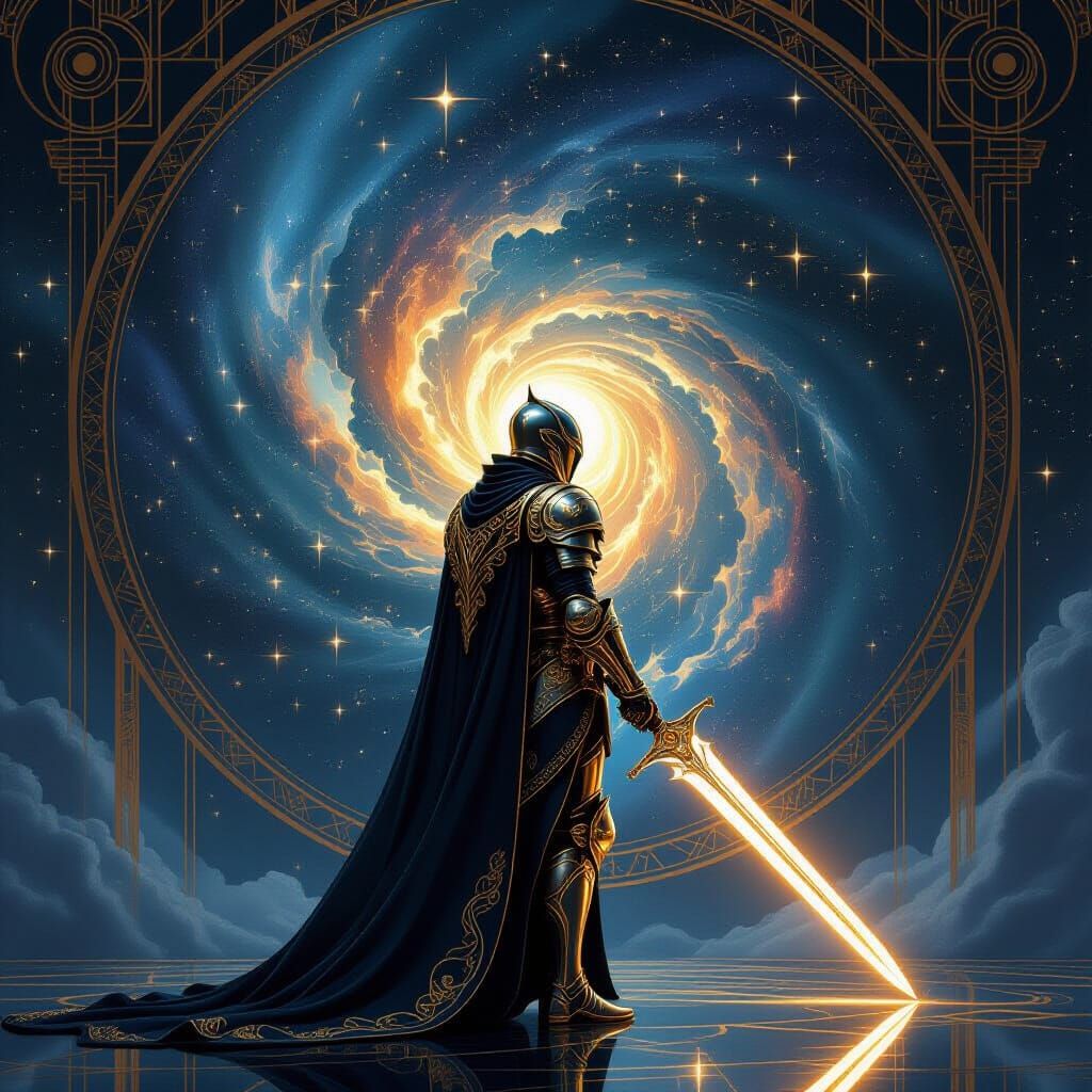 Knight Before Nebula in Art Deco Style
