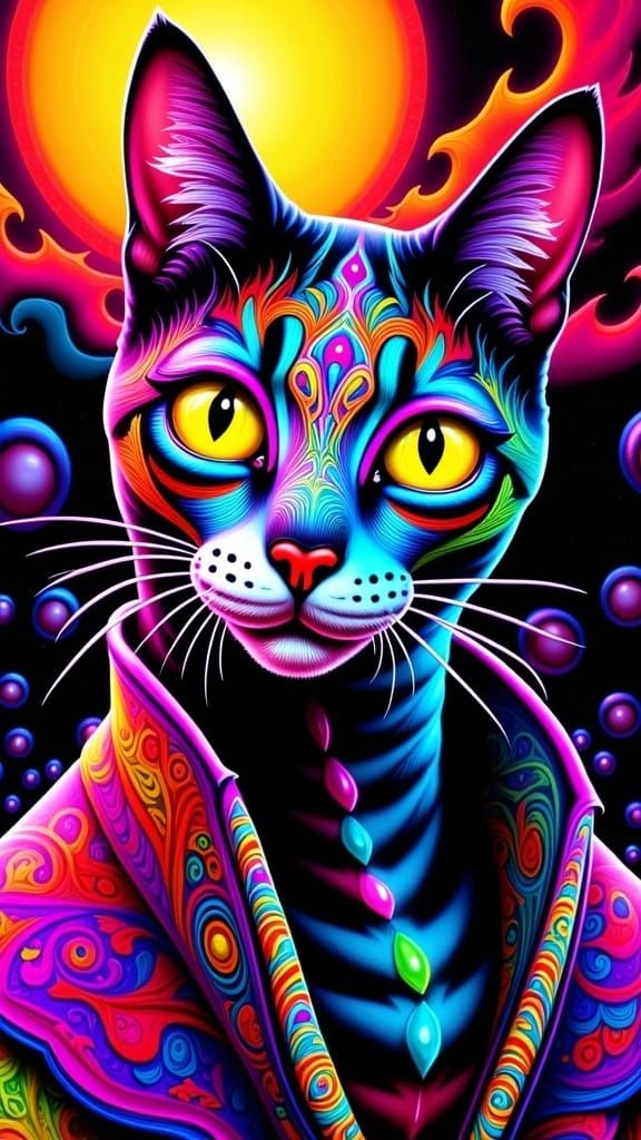 Neon Sugar Skull Cat in Surrealist Style