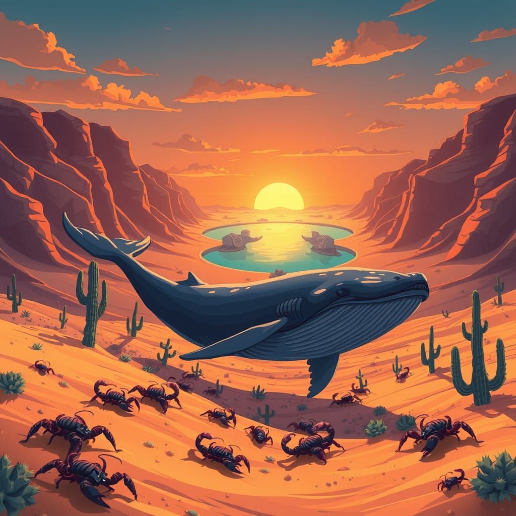 Whale Swims Through Desert Towards Oasis in Anime Style