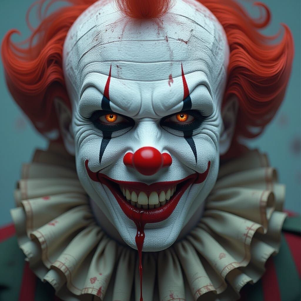 Terrifying Clown with Distorted Makeup in Dark Futurism Styl...