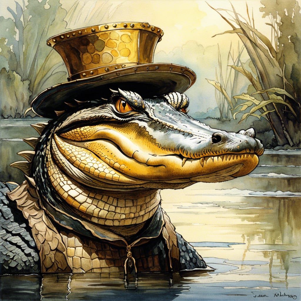 Golden-Horned Alligator in Watercolor Painting Style