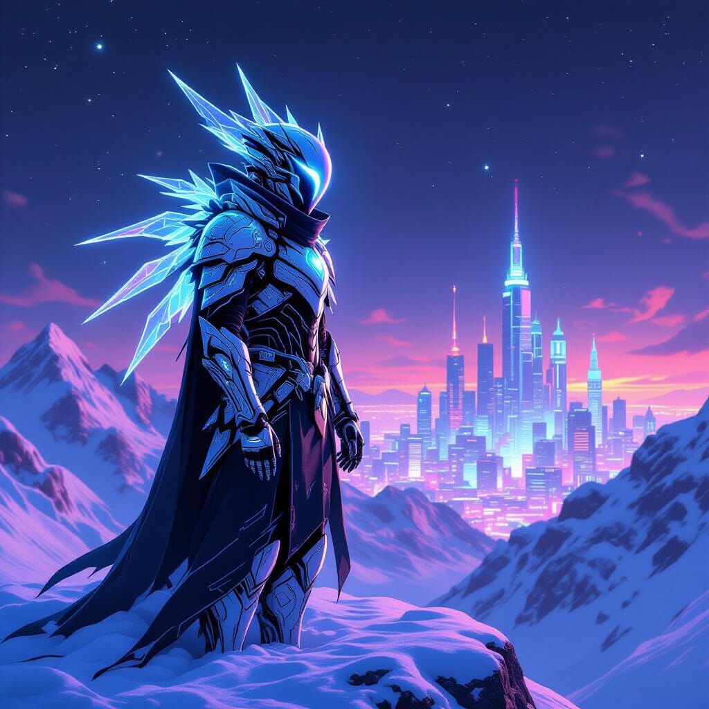 Cybernetic Snow Daemon Over Neon Metropolis