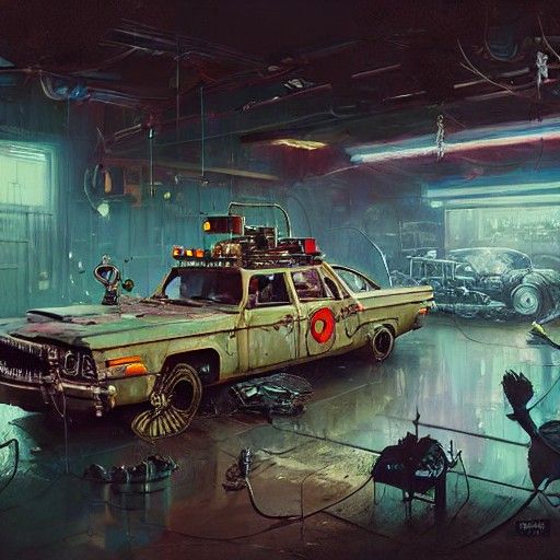 Ectomobile in Mechanic's Garage: Neon Noir Illustration
