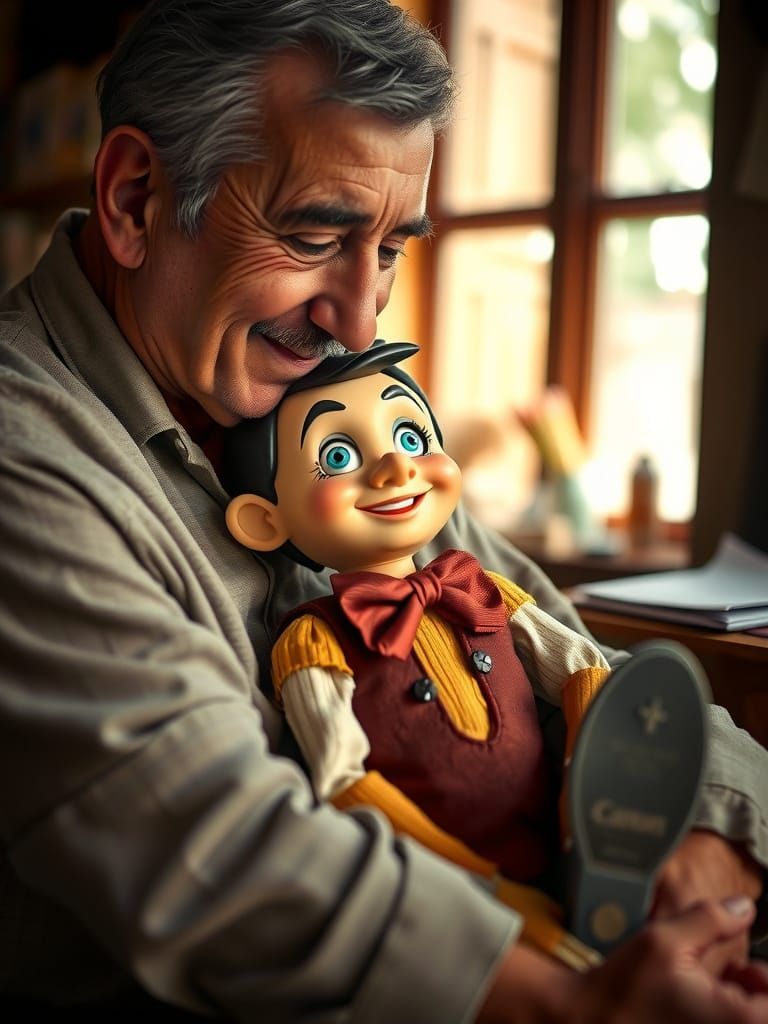Pinocchio sitting on Geppetto's lap