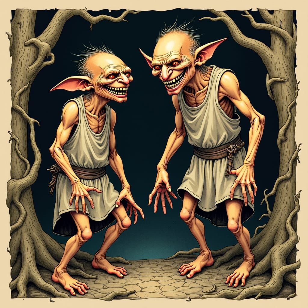 Goblins Laughing in Woodcut Style