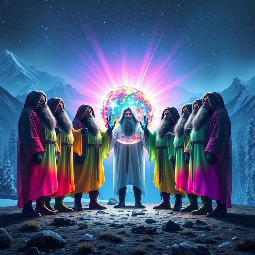 Obese Bearded Men Conjuring Sphere in Alpine Forest