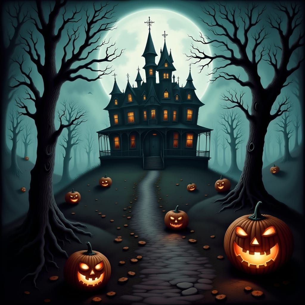 Haunted House on a Hill Under Full Moon