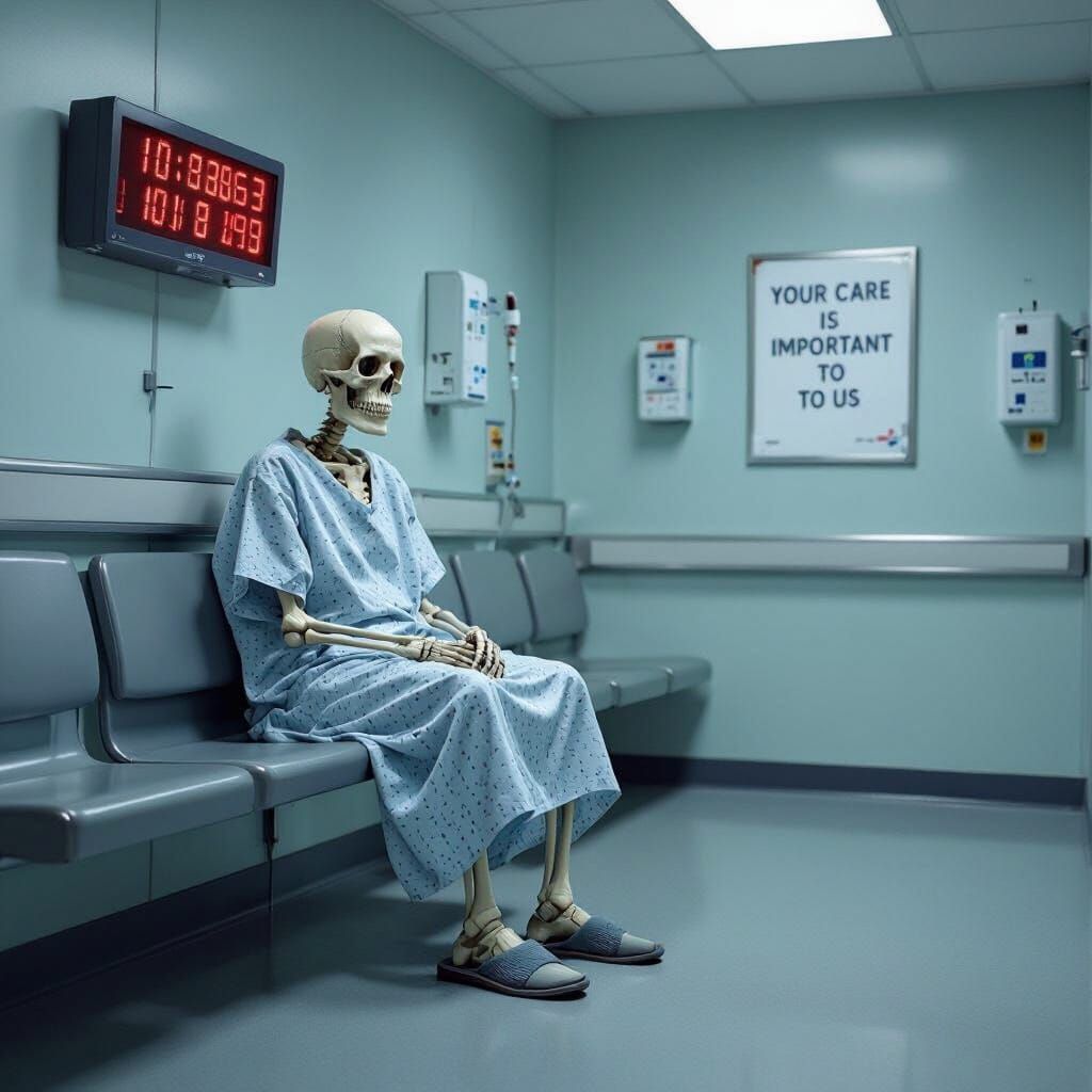 Skeleton's Grim Wait: Hyperrealistic NHS A&E Scene