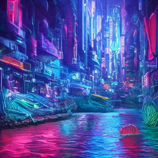 Cyberpunk Atlantean King in Underwater Neon City