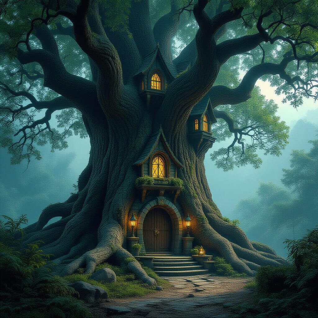 Wizard Sanctuary Inside Giant Tree, Hyperrealistic