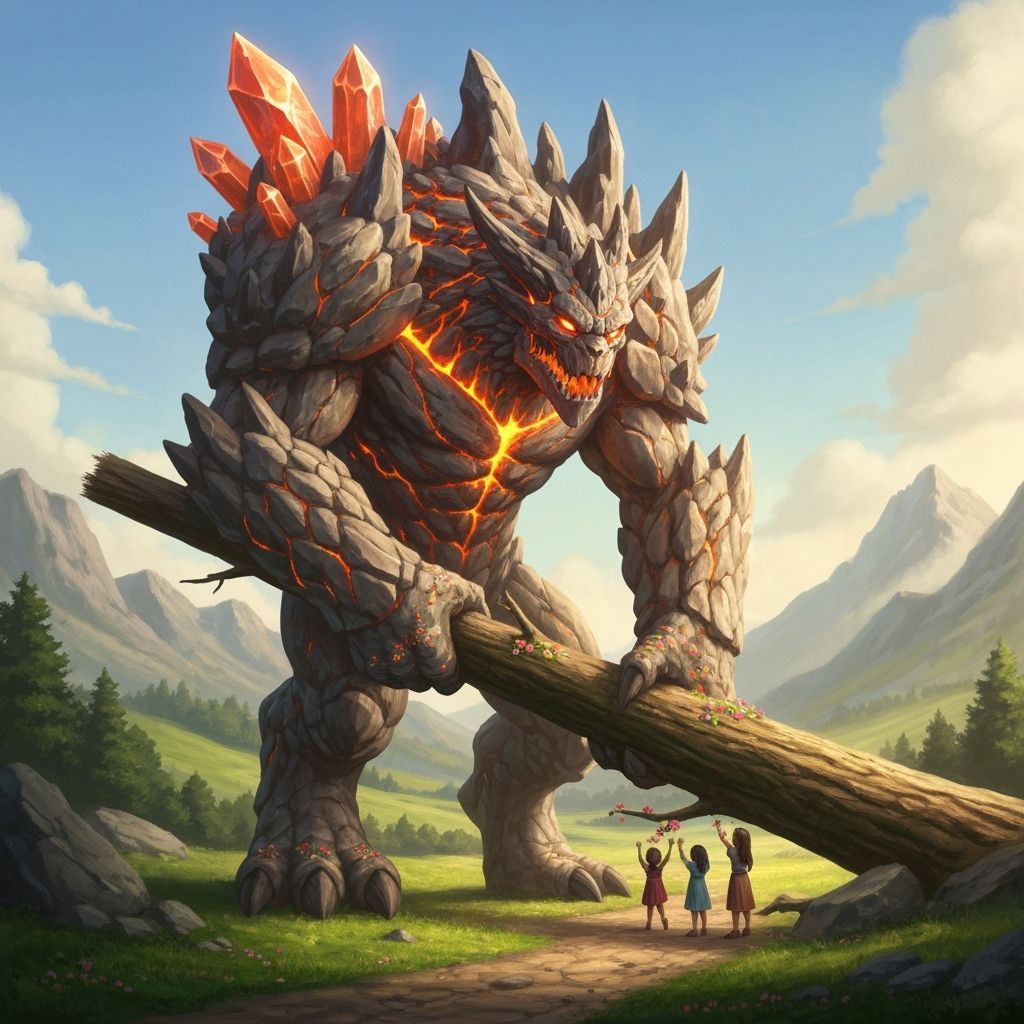 Colossal Stone Creature in Lush Valley: Fantasy Realism