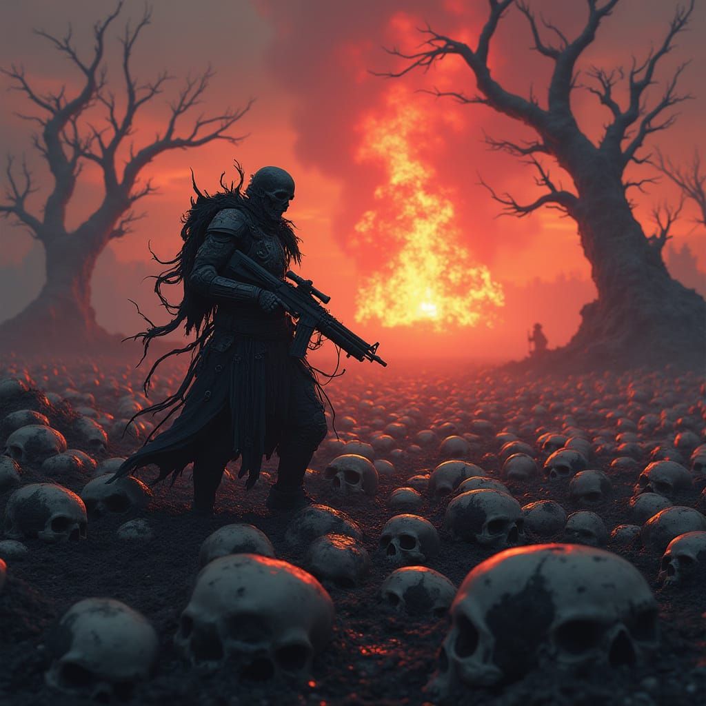 Dark Fantasy Battlefield with Skull Warrior and Explosive Ac...