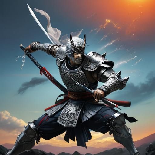 Silver Samurai with Katana in Manga Style