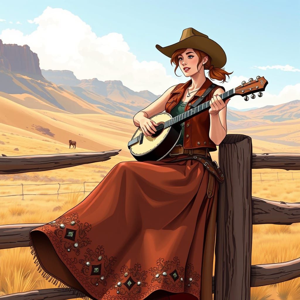Cowgirl in Leather Skirt Plays Banjo on Sun-Kissed Ranch