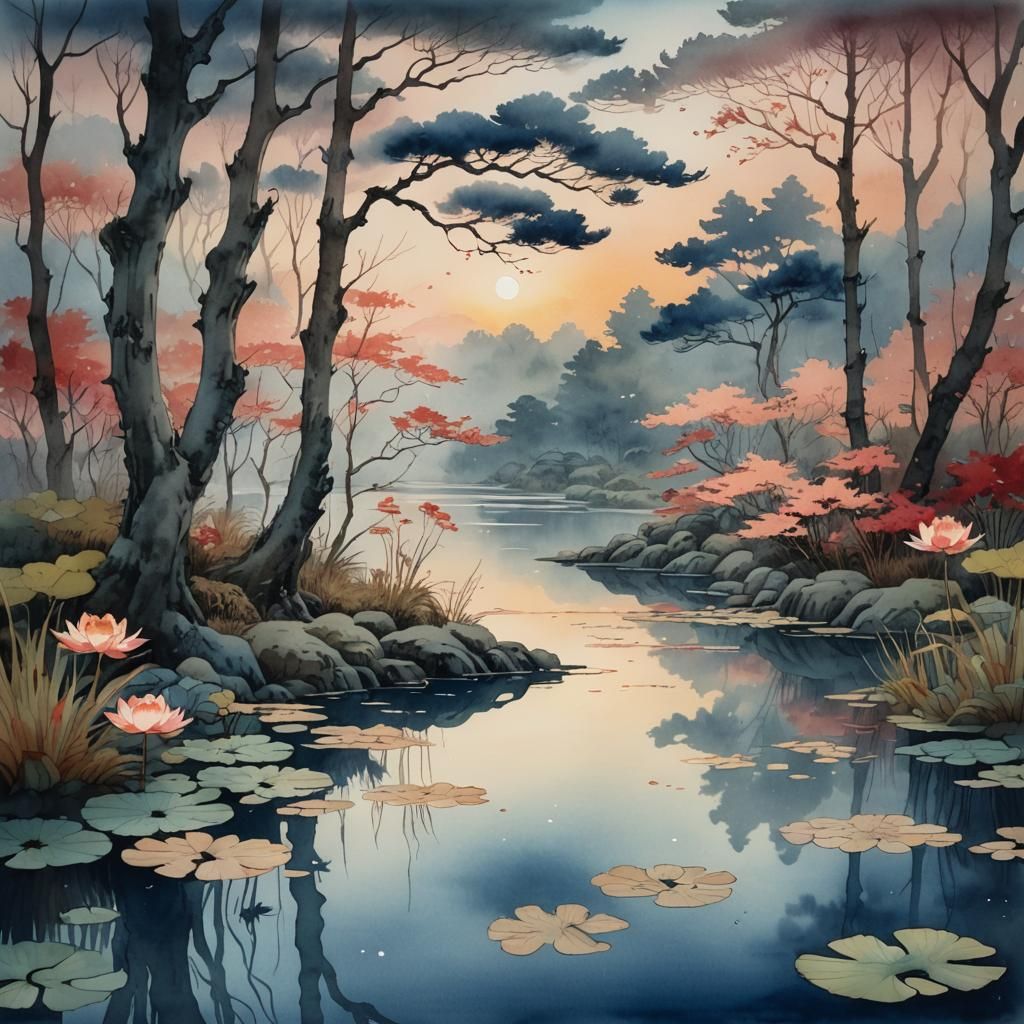 Japanese Surrealism: Pond at Dusk in Watercolor Style