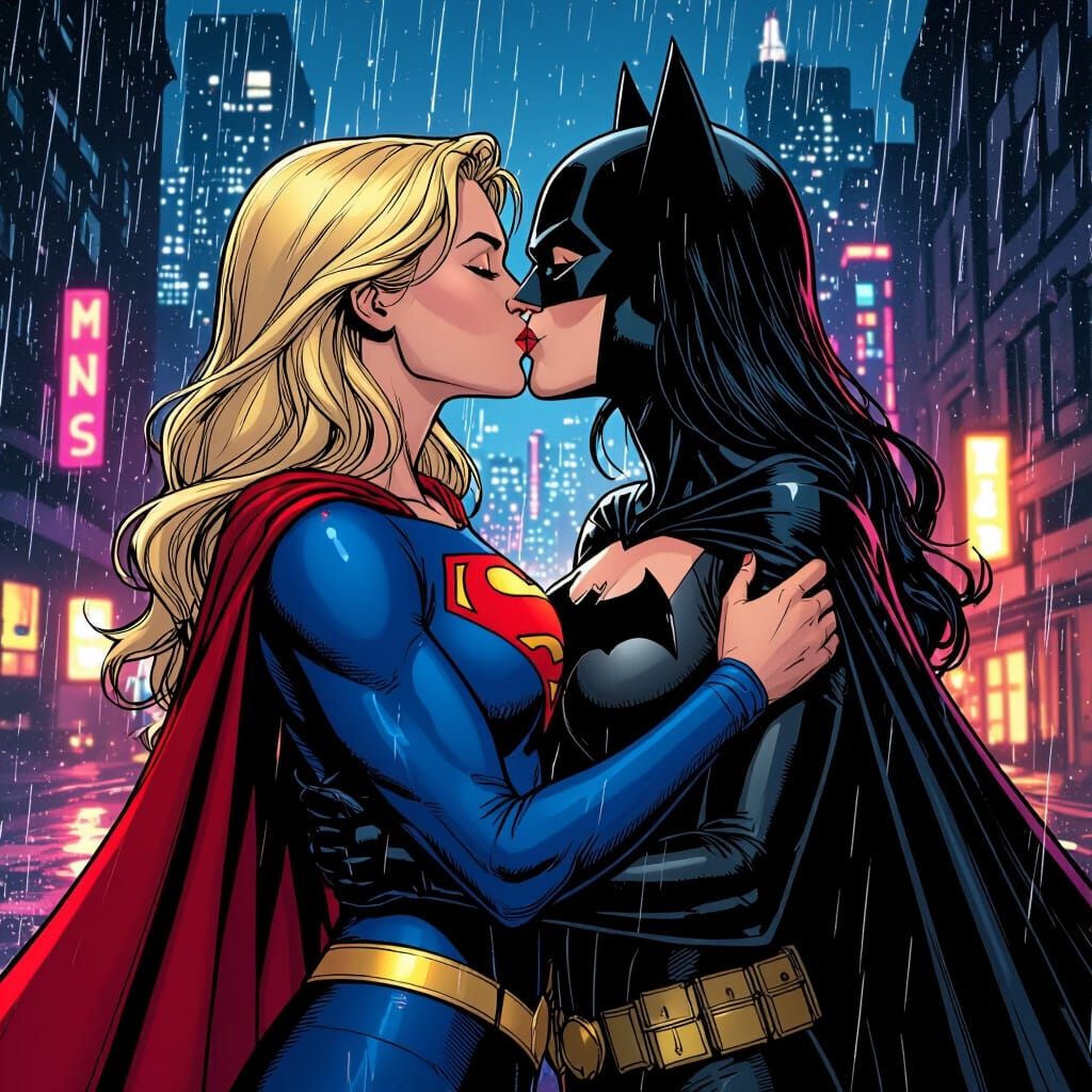 Supergirl and Batwoman Kiss in Neon Gotham