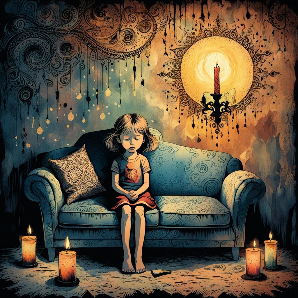 Crying Child with Dog in Zentangle Grunge Style