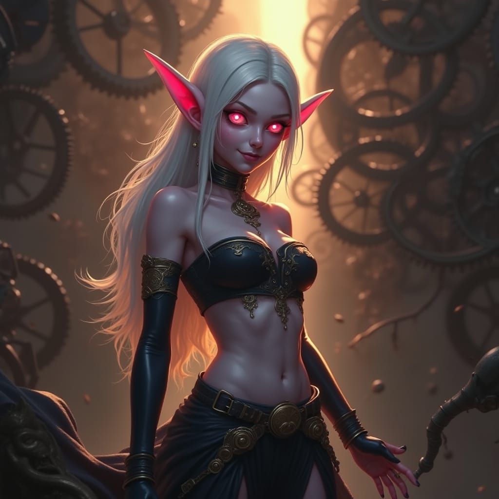 Mischievous Pink-Eyed Elf Among Gears in Splash Art Style