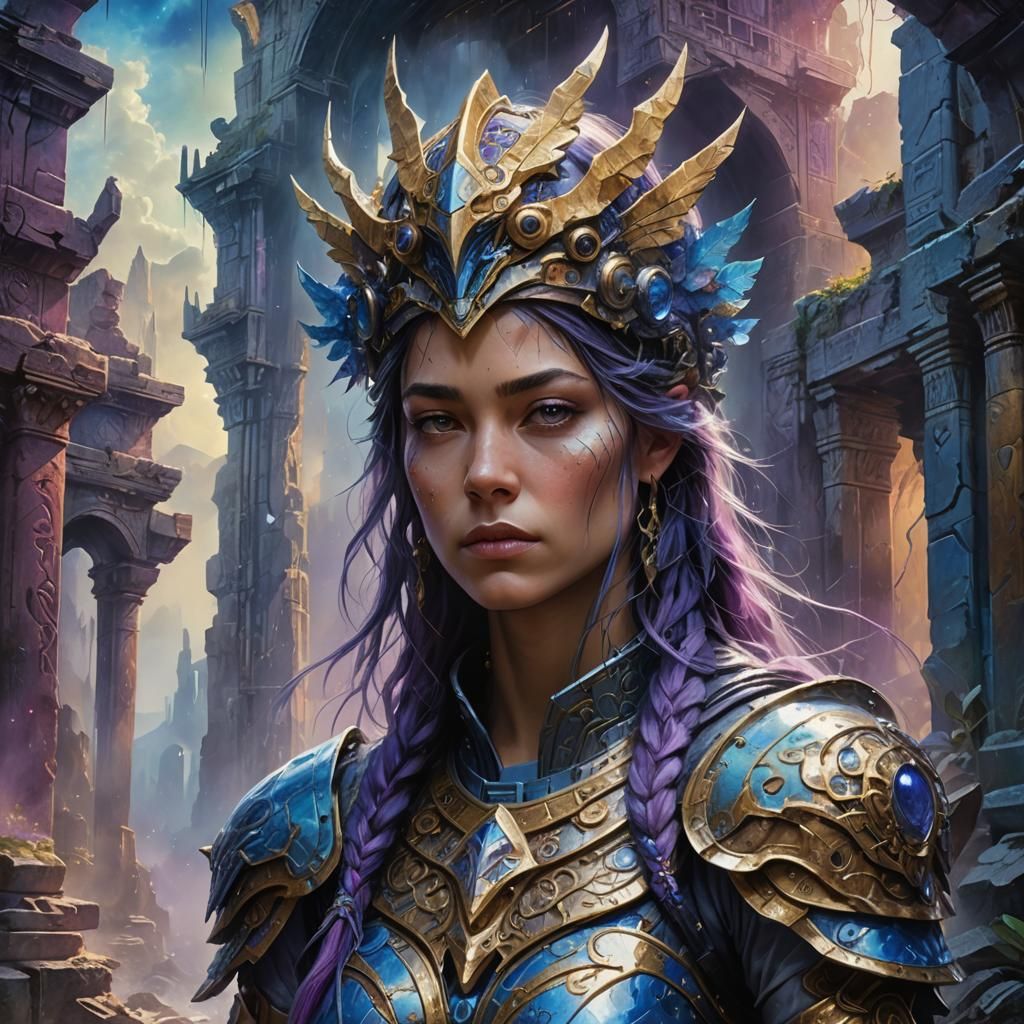 Fantasy Sci-Fi Warrior in Ancient City, Digital Art