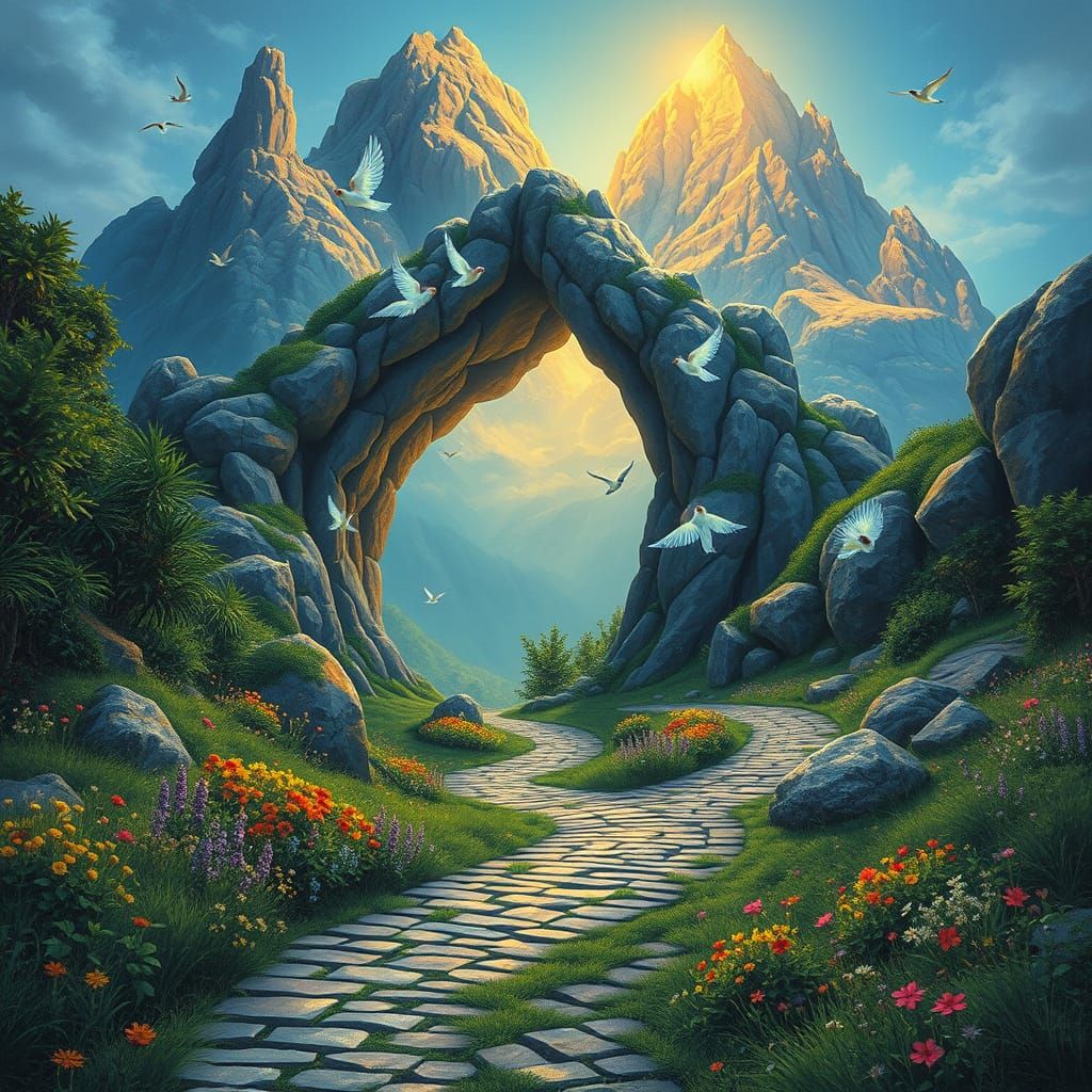 Majestic Mountain Archway in Vibrant Wildflower Landscape