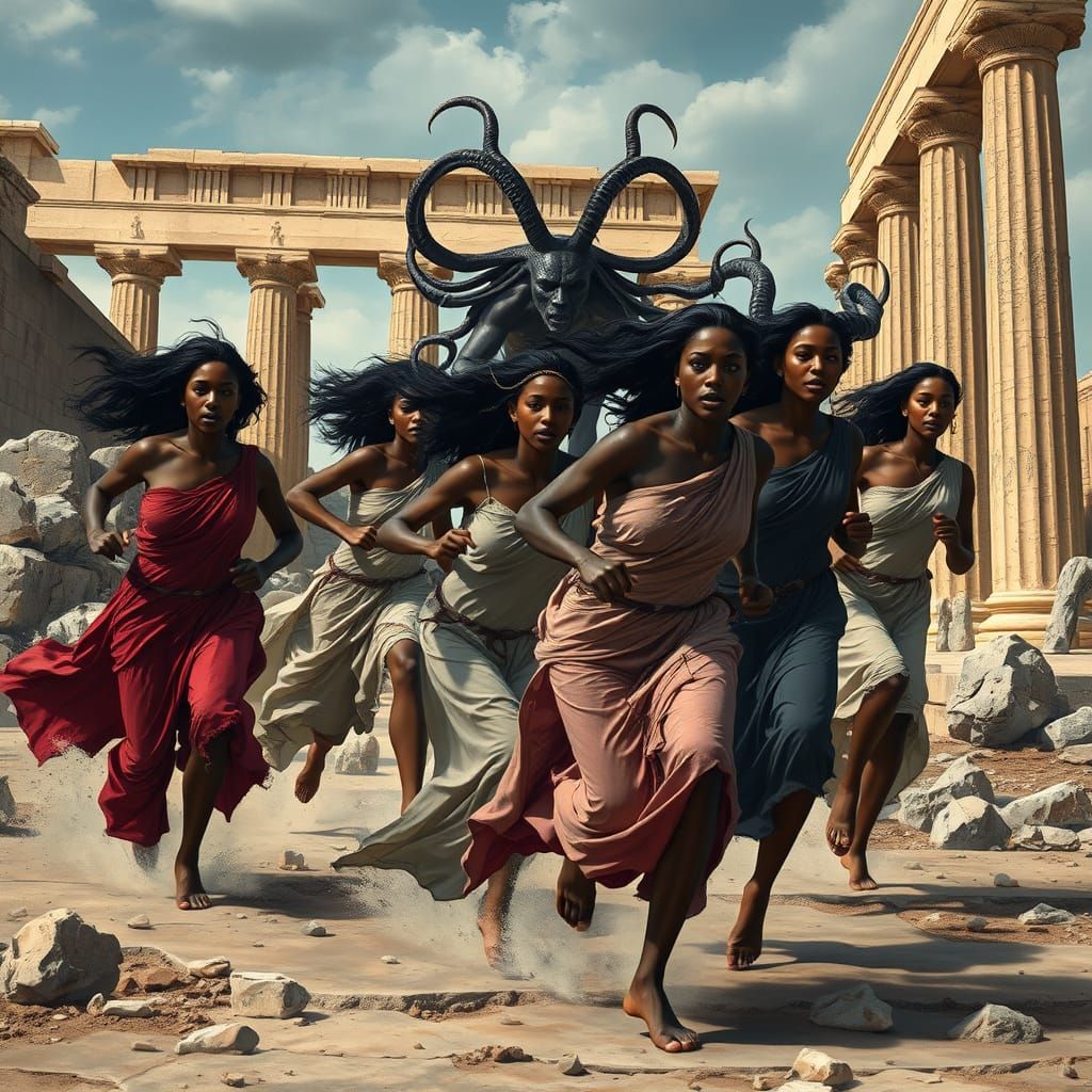 Dark Skinned Goddesses Fleeing Medusa's Wrath in Ancient Gre...