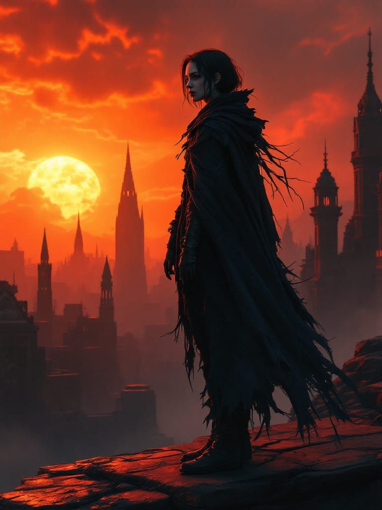 Gothic Fantasy Cityscape with Tattered Cloak Figure