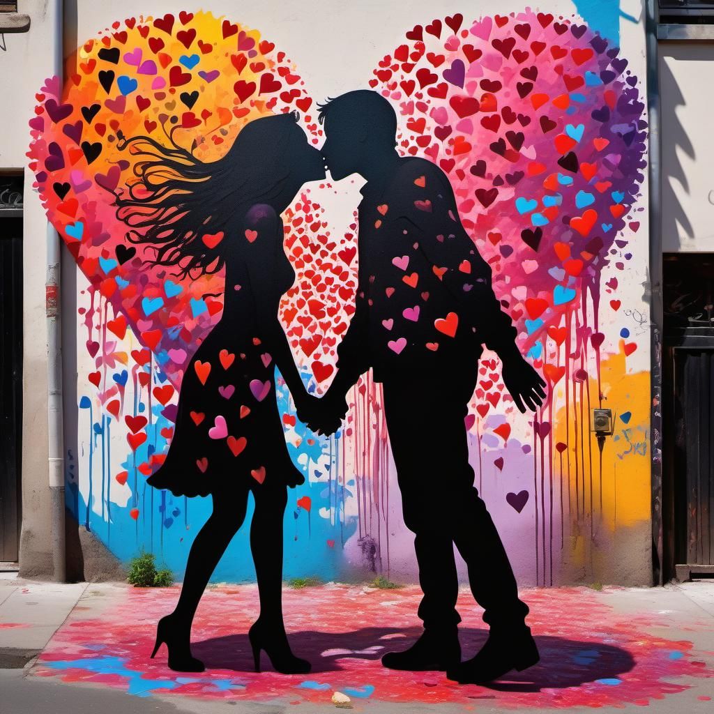 Silhouette Lovers Falling Through Colorful Graffiti Art