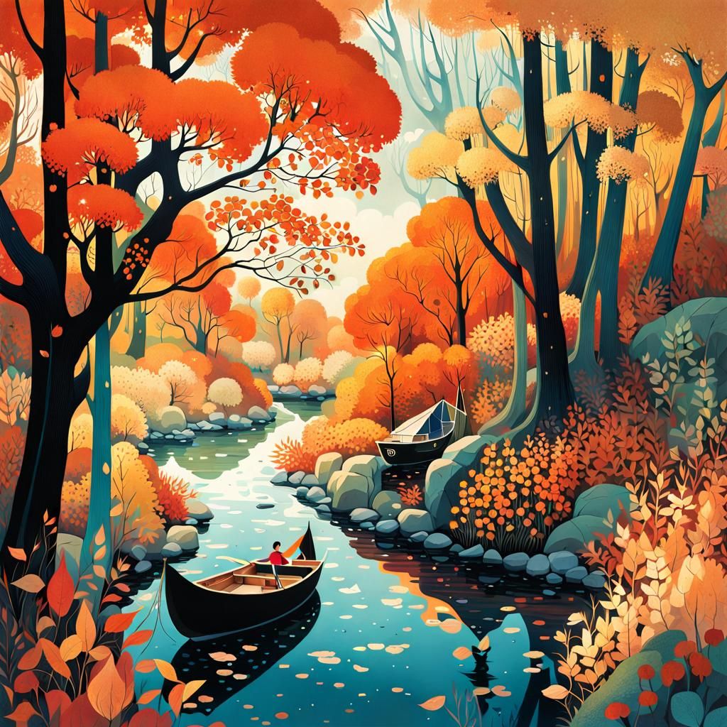 Autumn River Scene in Gouache Style