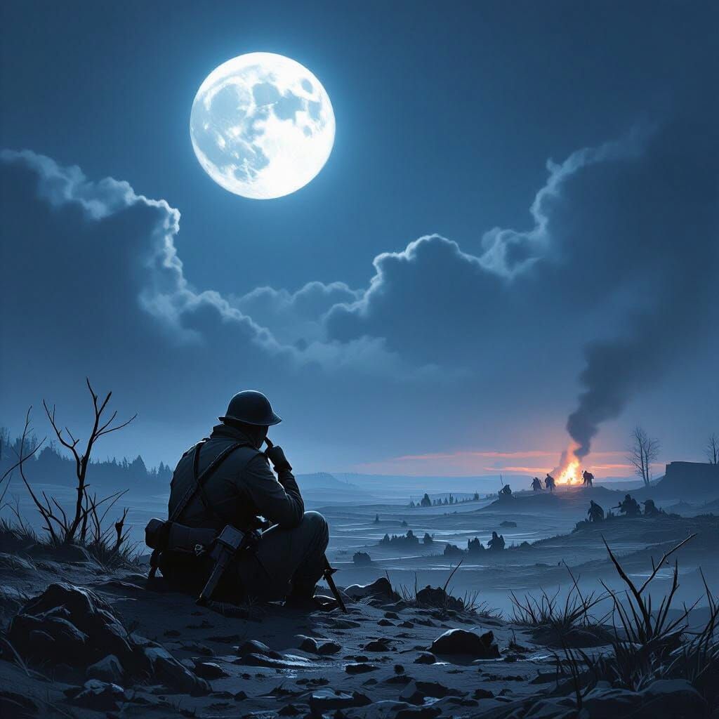 Private Ponders Futility of War on Moonlit Battlefield