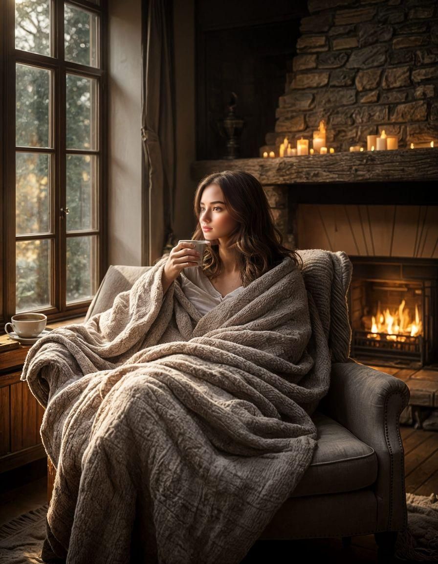 Girl by Fireplace: Cozy Digital Art