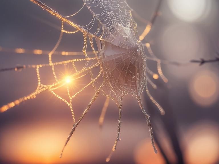 Golden Spiderweb with Dewdrops at Sunrise