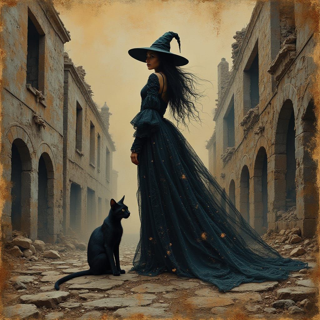 Witch and Black Cat in Ruined City