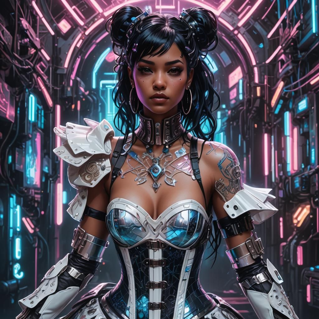 Cyberpunk Woman in Holographic World, Detailed Concept Art