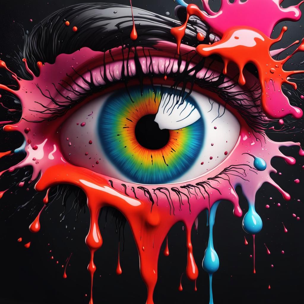 ink splatters and smudges, featuring animated realistic eye with bleeding teardrops