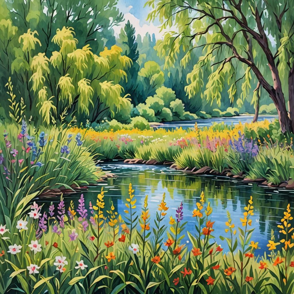 Willow and Wildflowers: Impressionist Gouache River Scene