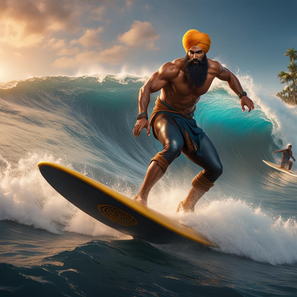 Sikh Surfer in Detailed Matte Painting Style