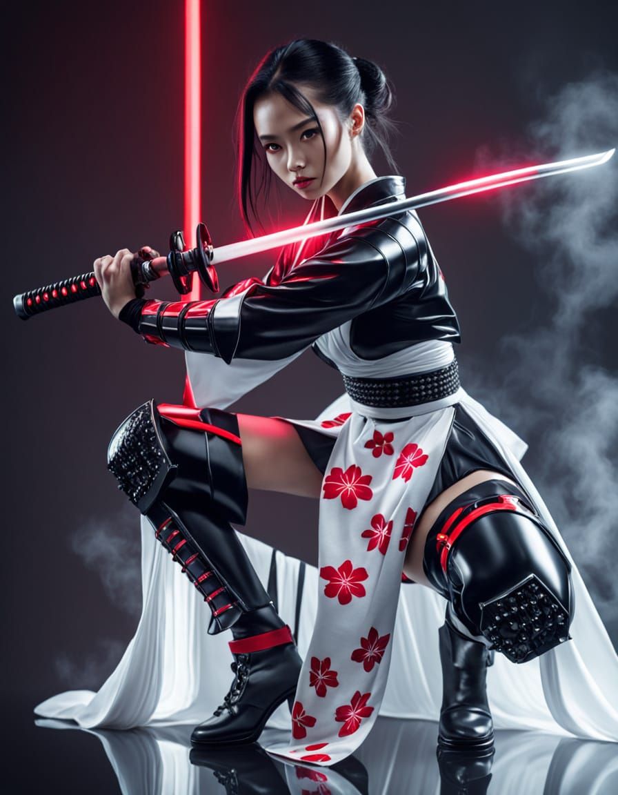 Cyber-Samurai Warrior with Glowing Katana in Monochrome