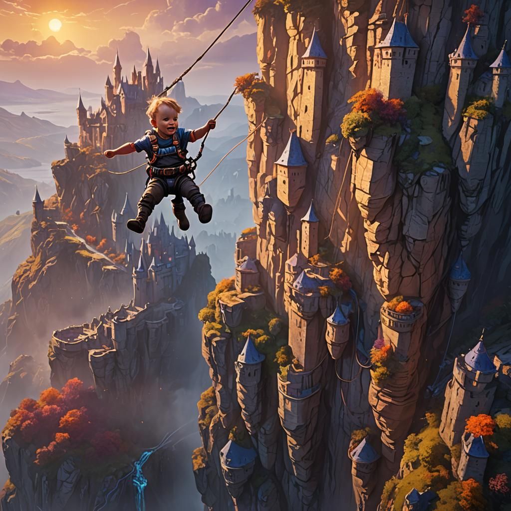 Baby Bungee Jumping in a Fantastical Landscape