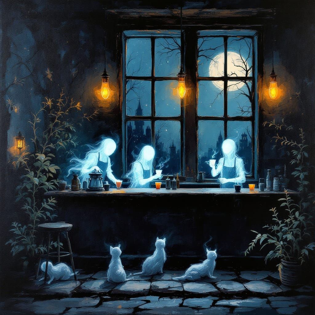 Eerie Moonlit Coffeehouse With Ghostly Baristas