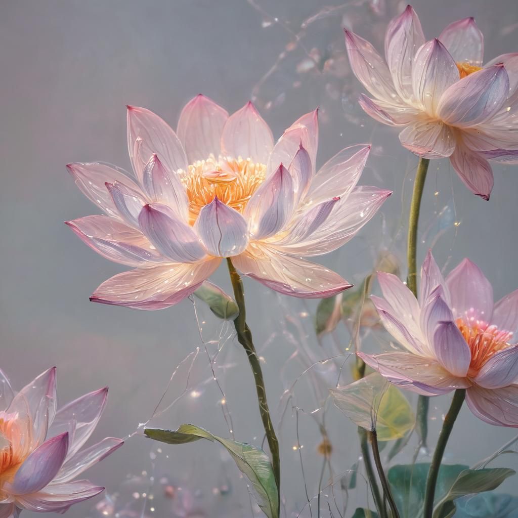 Crystal Lotus Flower with Fairy Lights, Oil Pastel