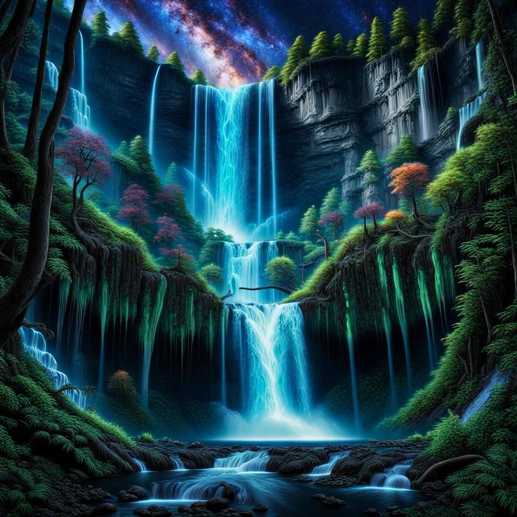 Surreal Bioluminescent Waterfalls in Mystical Forest
