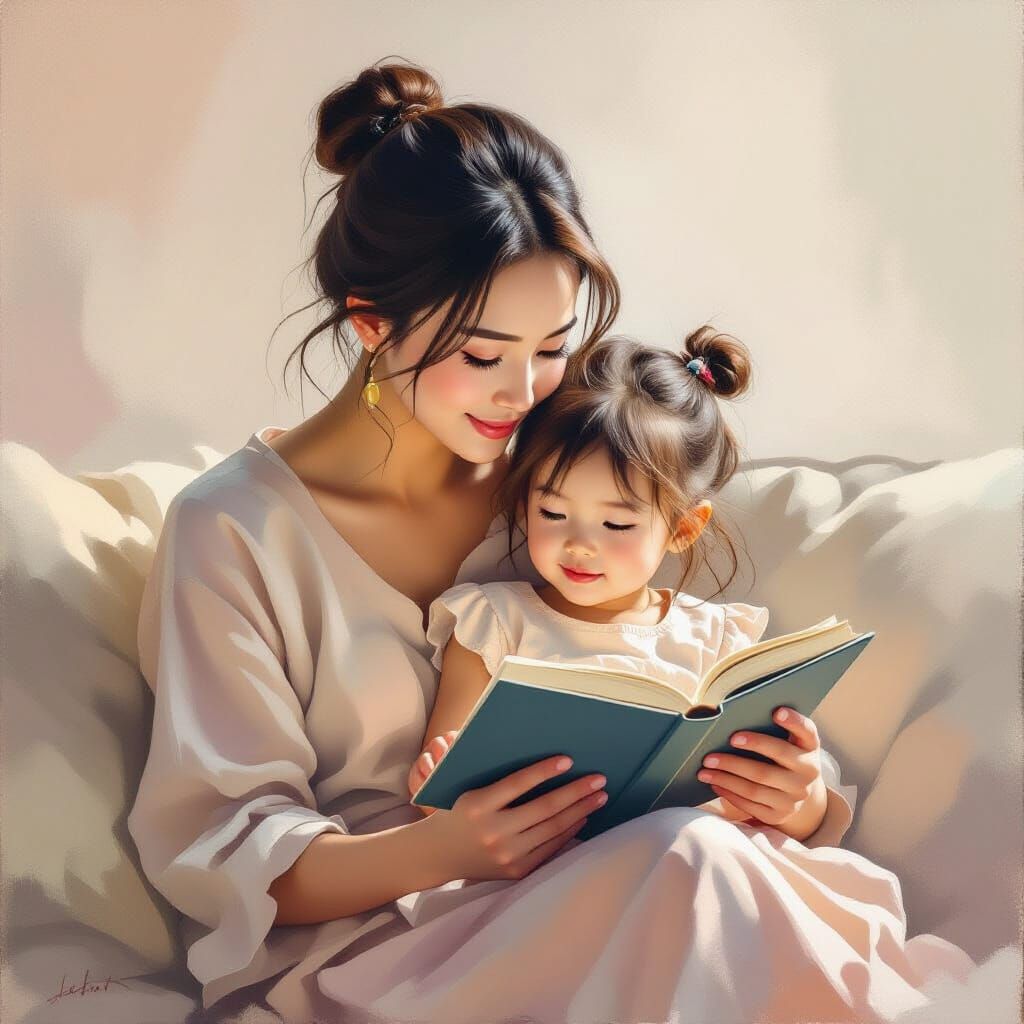 Mother Reading to Daughter Oil Painting